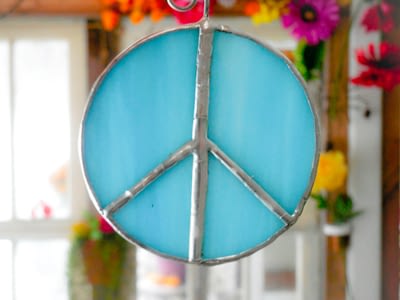 Turquoise and crystal Suncatcher Glass Peace sign suncatcher