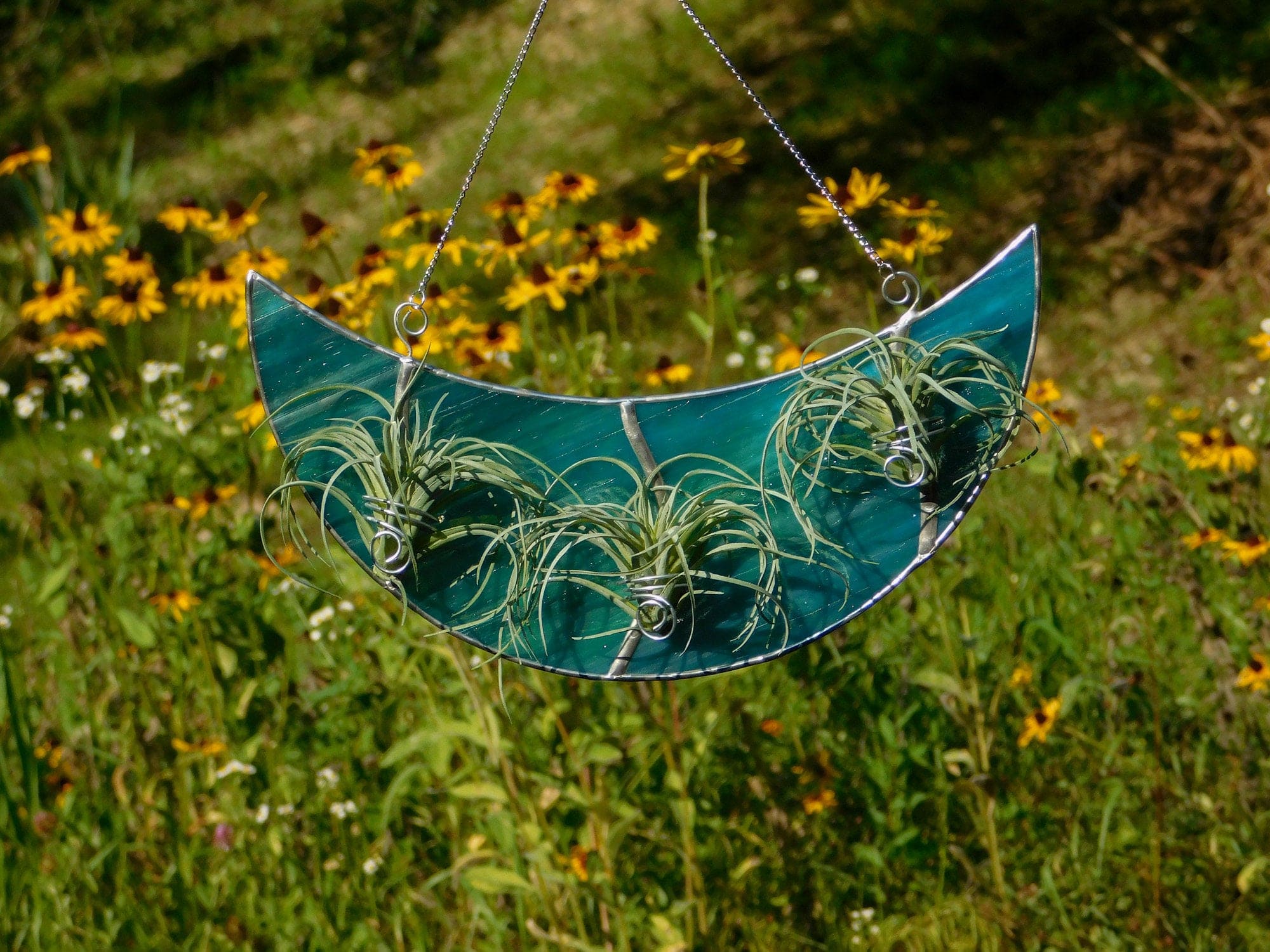 Stained glass crescent moon air plant holder mountain woman products