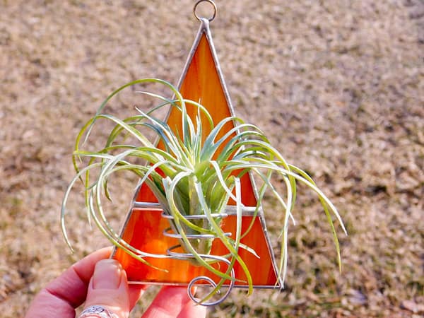 Orange stained glass triangular air plant holder