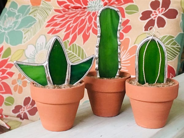 three succulent cactus stained glass in clay pots mountain woman products