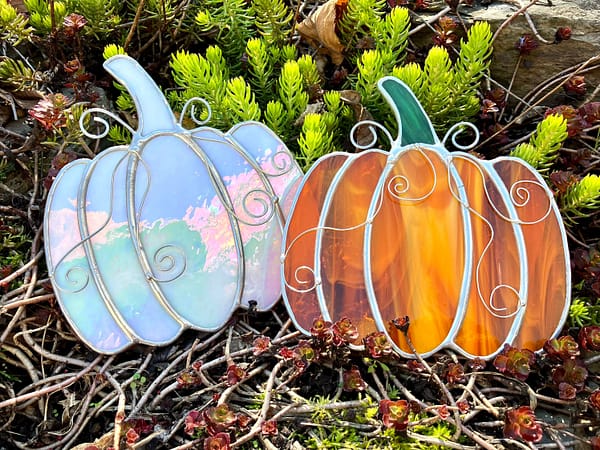 White and orange stained glass pumpkins Mountain Woman Products