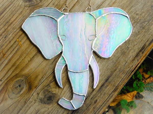 Iridescent White Stained Glass Elephant Mountain Woman Products
