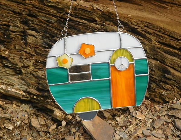 Stained Glass Hippie Camper Mountain Woman Products