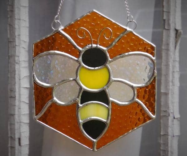 Stained Glass Bee on Honeycomb in Window Lead Free Mountain Woman Products