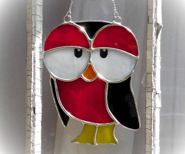 Red brown and yellow stained glass owl suncatcher with big eyes lead free mountain Woman products