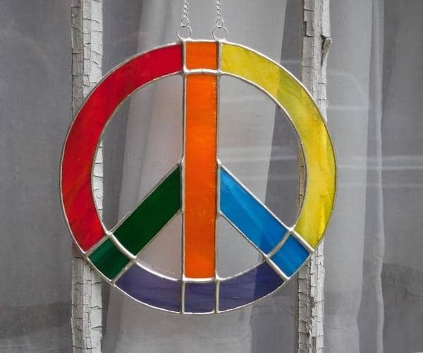 Stained Glass Rainbow Peace Sign Lead Free hanging in window Mountain Woman Products