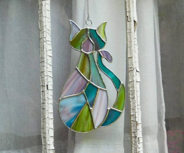 Patchwork Stained Glass Cat Lead Free in Window Mountain Woman Products