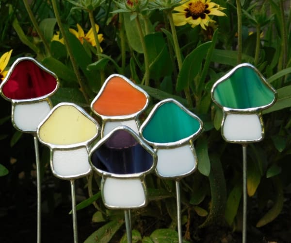 lead free stained glass mini mushroom plant stakes in all the colors of the rainbow Mountain Woman Products