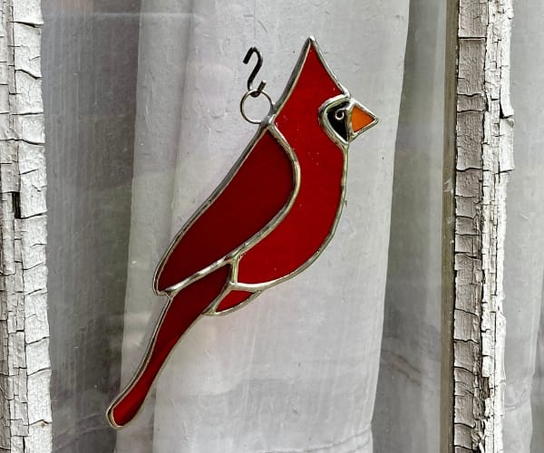 Stained glass red cardinal hanging in window Mountain Woman Products