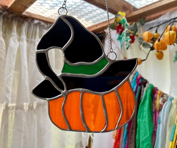 stained glass suncatcher pumpkin with witch hat mountain woman products