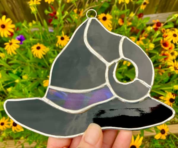 black witch hat with purple band stained glass suncatcher mountain woman products lead free solder